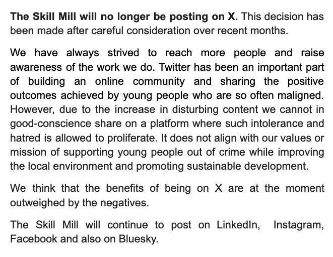 The Skill Mill will no longer be posting on X. At the moment, we believe that the negatives of being on X outweigh the benefits.  

See our statement below:
#Xit