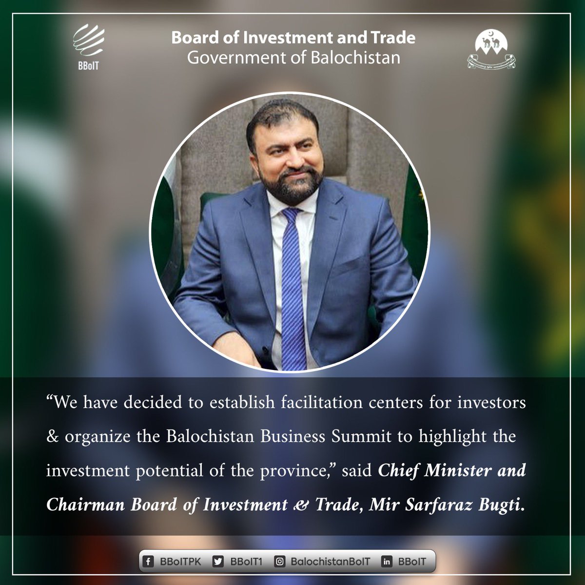 BBoIT1's tweet photo. In a Board of Directors meeting chaired by CM &amp; Chairman #Bboit @PakSarfrazbugti made key decisions to drive economic growth in #Balochistan including establishing facilitation centers for domestic &amp; foreign investors &amp; organizing a Business Summit. 

#InvestinBalochistan https://t.co/rbdg5oIWQY