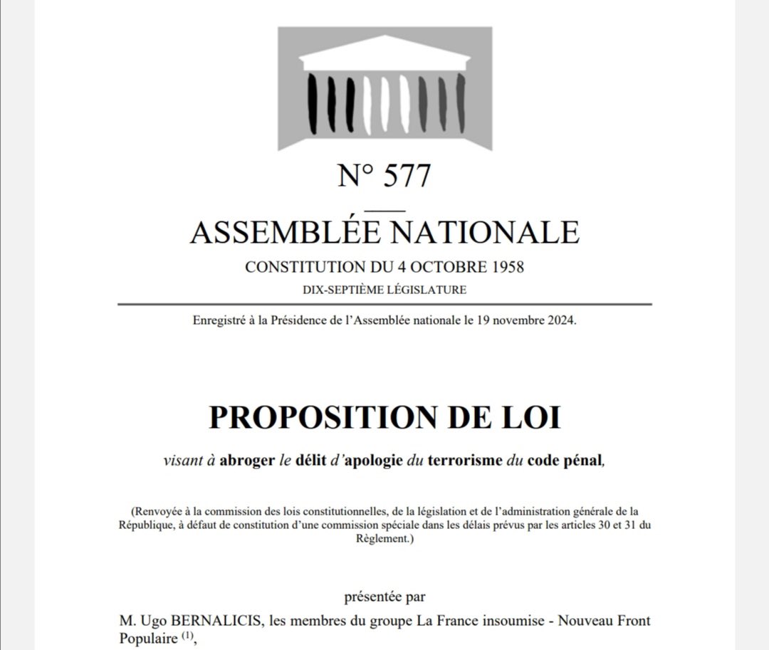 😰 C’était donc bien vrai !

LFI vient de déposer une proposition de loi visant à « abroger le délit d'apologie du terrorisme du code pénal » !

Quelle est la suite ? La défiscalisation des dons au Hamas ?

Ces personnes sont vraiment dangereuses !

assemblee-nationale.fr/dyn/17/dossier…