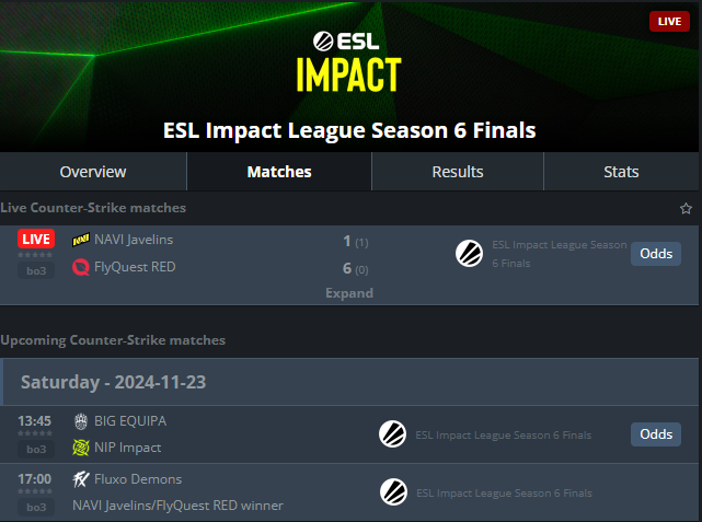 Buenos días! 
Estamos live con el día 2 de las finales de ESL Impact S6 ✨

Partidos de hoy 🤗
twitch.tv/misslaia
twitch.tv/misslaia
twitch.tv/misslaia