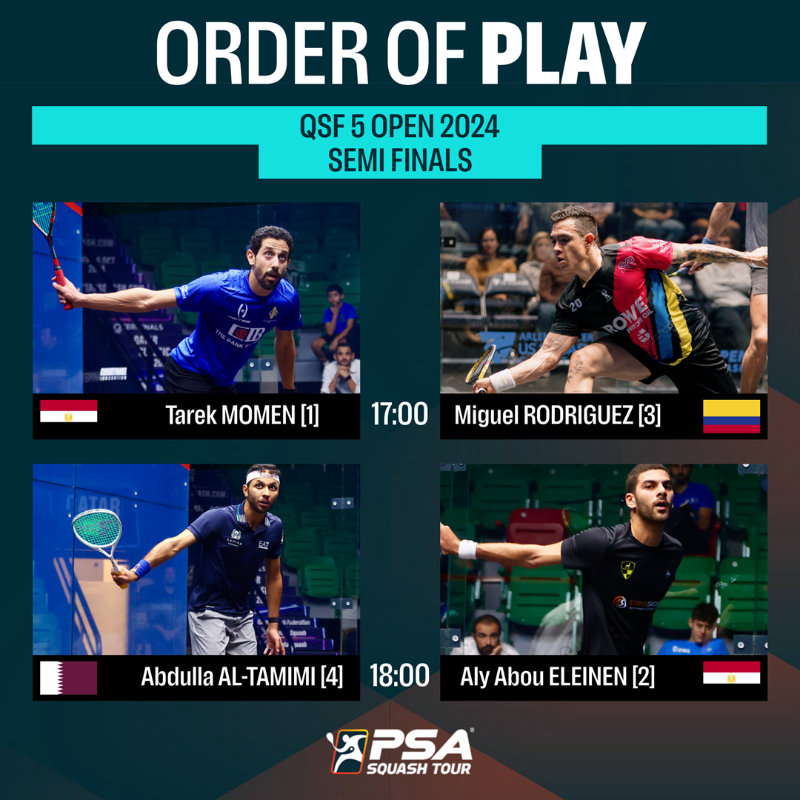 PSASquashTour's tweet photo. Semi finals coming up soon in Qatar โ๏ธ
@TkMomen ๐ @MiguelSquash
@tamimi__94 ๐ @AEleinen
Who will book their place in the final? ๐ค
Tune in to @SquashTV from 17:00 (GMT+3) to find out ๐บ
#QSF5Open