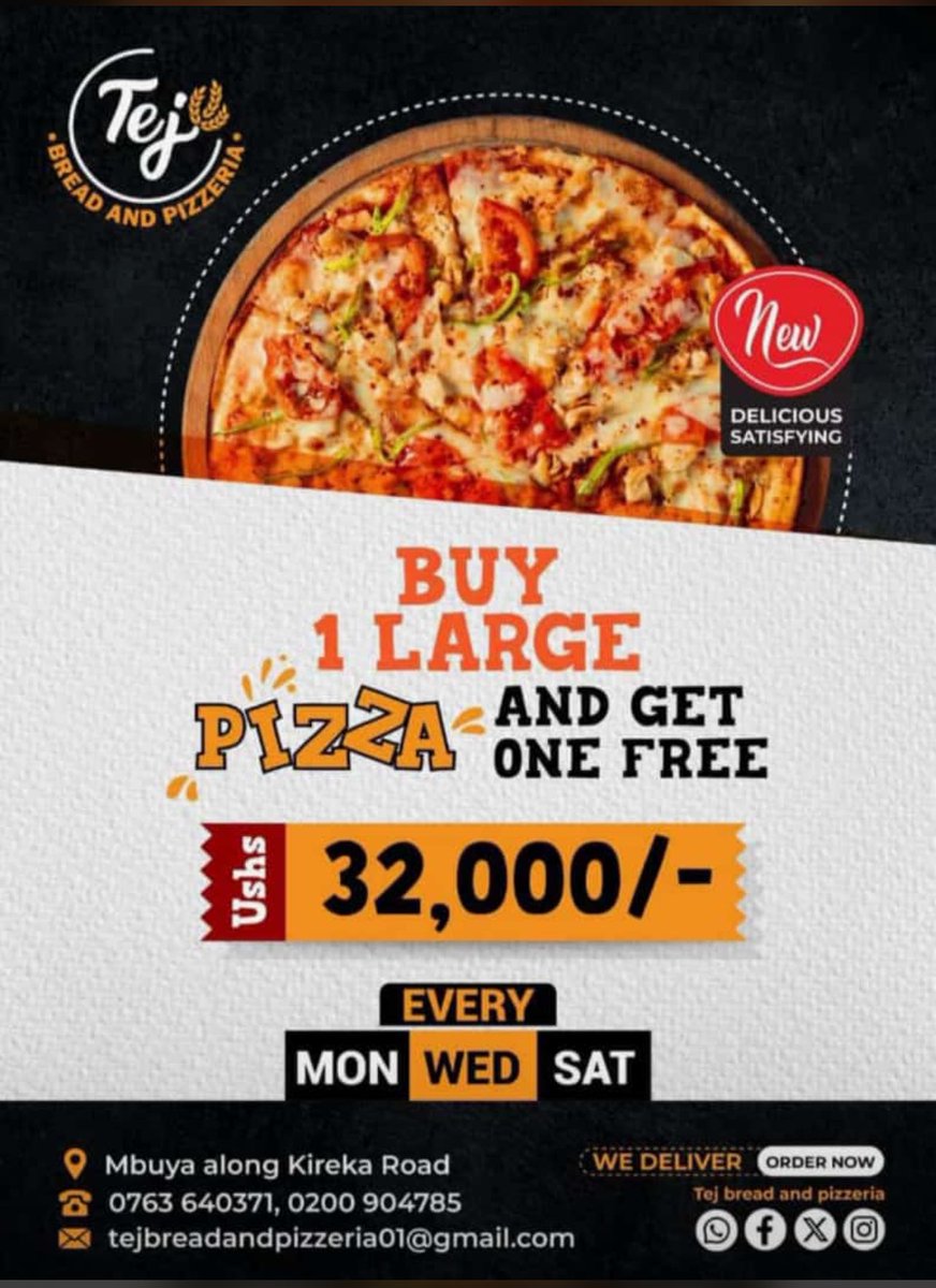 tejbreadandpizz's tweet photo. Special Saturday Pizza  Promo days  at @tejbreadandpizz! 

Buy 1 Large Pizza 🍕 and get 1 FREE. We do deliver at your work place or door step now

Order via 0763640371 / 0200904785. We are located in Mbuya along Kireka Road

#TEJBread https://t.co/Aff6FOXIYu