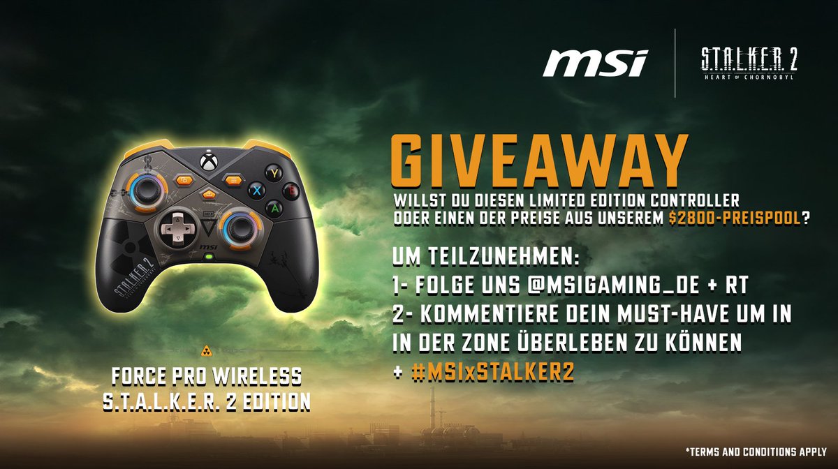 Willst du diesen Controller in LE 
oder einen der Preise aus unserem $2800-Preispool? 🎁  

1️⃣ Folge <a href="/msigaming_de/">MSI Deutschland</a> und retweete diesen Beitrag  
2️⃣ Kommentiere dein Must-Have, um in der Zone zu überleben, + #MSIxSTALKER2  
msi.gm/Stalker2_LP

<a href="/stalker_thegame/">S.T.A.L.K.E.R. OFFICIAL</a>