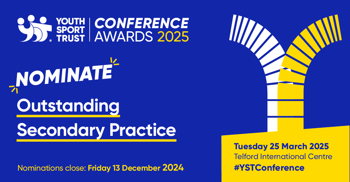 YouthSportTrust's tweet photo. The Outstanding Secondary Practice award is given to a secondary school that has used PE, sport and play to build back healthier, happier and more resilient young people.

https://t.co/NVRY59TgJx

#YSTConference #YSTConference25 #ConferenceAwards https://t.co/WKD7Is6X6K