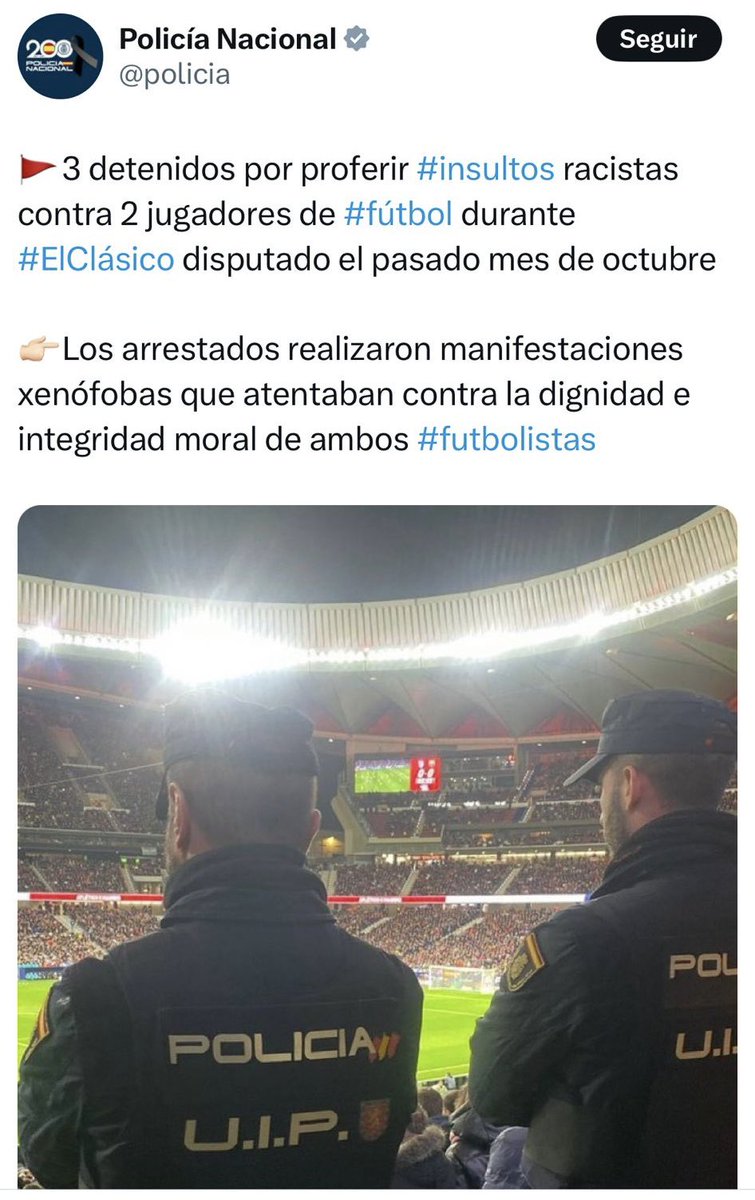 CM de <a href="/policia/">Policía Nacional</a>, te echamos una mano. Las personas que han detenido son seguidores de otro equipo de Madrid. El estadio de la foto que habéis publicado es el nuestro y nada tiene que ver con este asunto. Seguro que es solo un error.