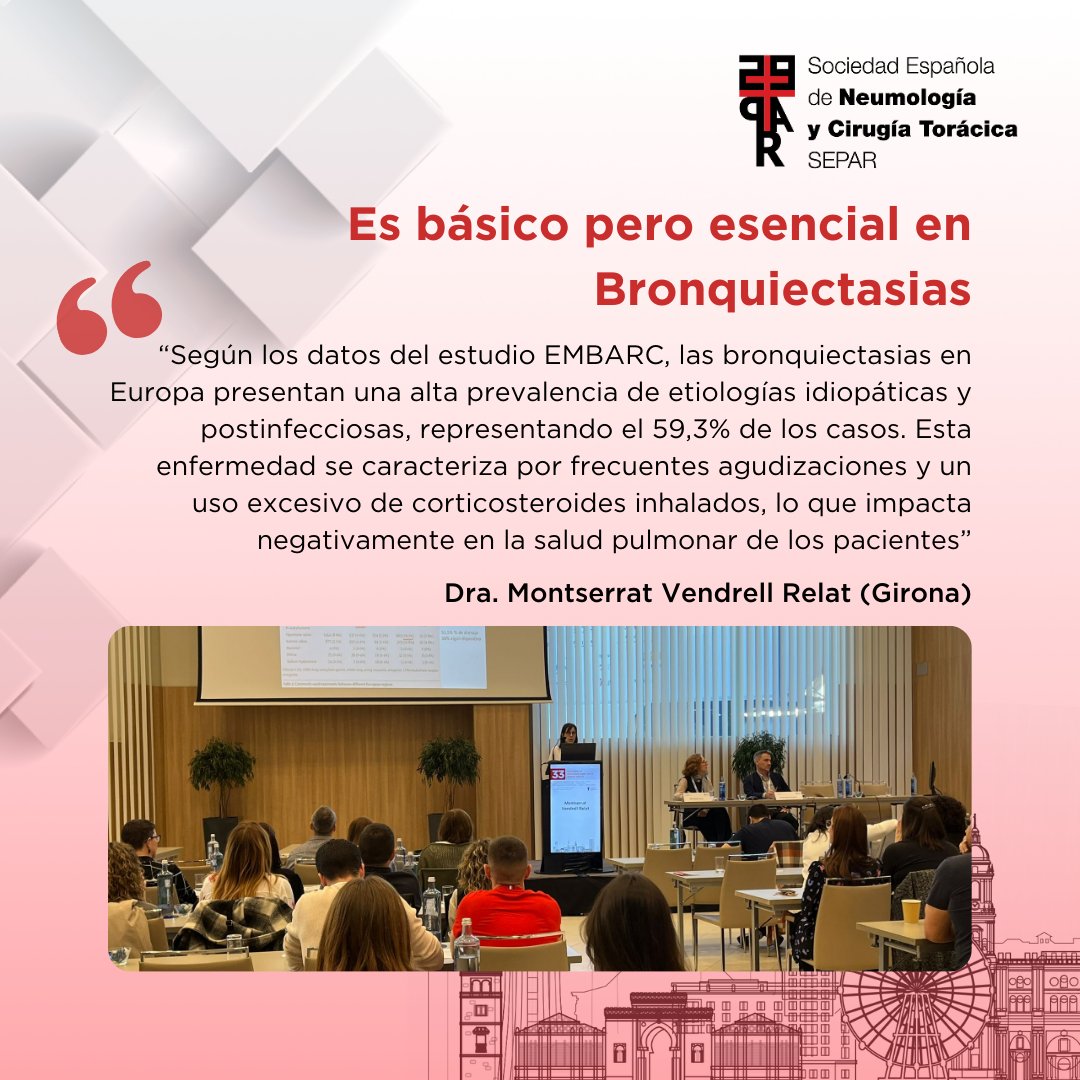 SeparRespira's tweet image. 🤝 En la sesión conjunta de las Áreas de @RehabilitaSEPAR y @FISIOSEPAR de la #33ReuniónInvierno se ha presentado una actualización sobre la situación de las bronquiectasias a nivel europeo, aprovechando el estudio #EMBARC, con la participación de algunos autores como ponentes