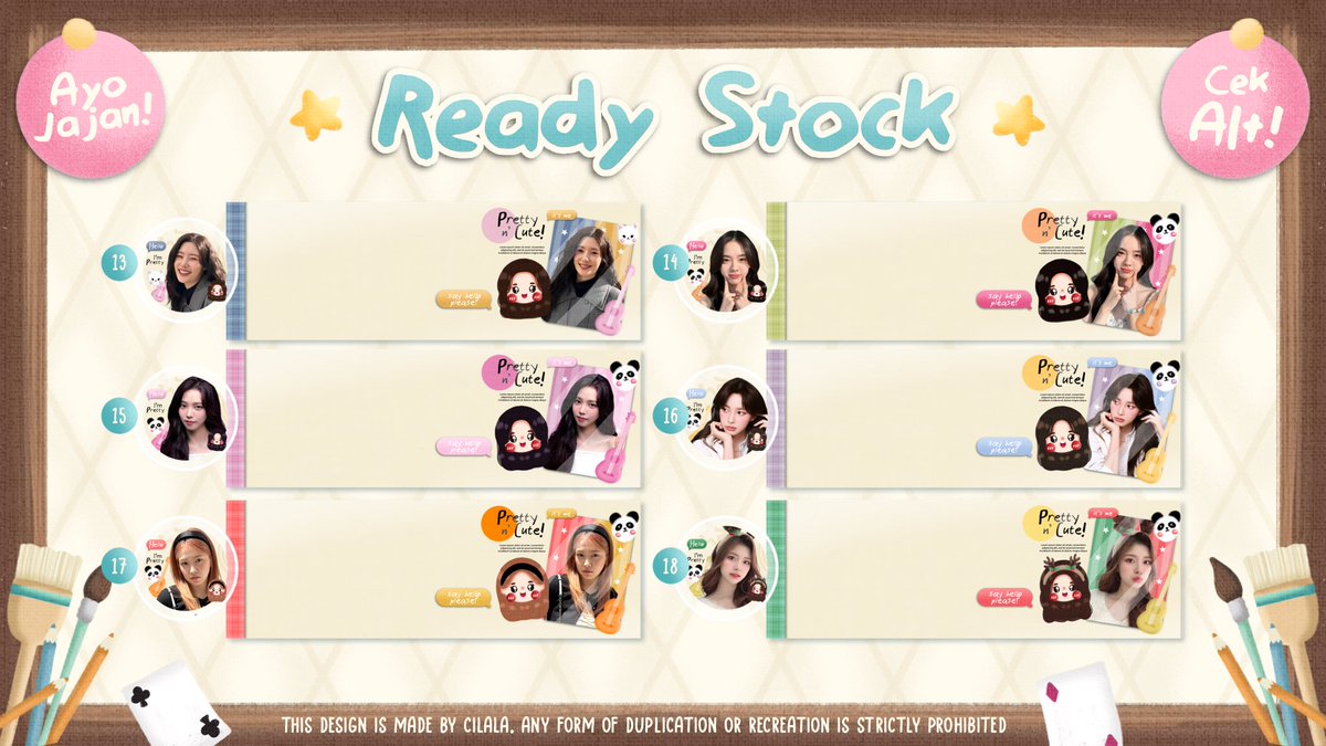 Help repost, thank you 💫 Cila bawa 18 ready stock katalog “Blissful” dan 12 layout katalog “Dreamyland”. Semuanya boleh ditake malam ini mulai pukul 19.30 WIB. 

Cukup sebutkan kode katalog + nomor layout + replace text/no replace text.

Contoh : Blissful + 01 + replace text.