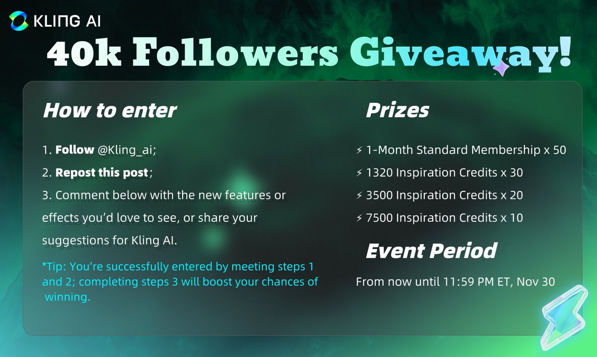 Kling_ai's tweet image. 🎉 40k Followers Milestone Giveaway! 🎉
We've hit 40,000 followers!
Thank you for your continued support. To celebrate, we’re launching a surprise giveaway! 🎁  100 lucky followers will receive Kling AI gift bundles.

🙋How to enter:
1️⃣Follow @Kling_ai;
2️⃣Repost this post;…