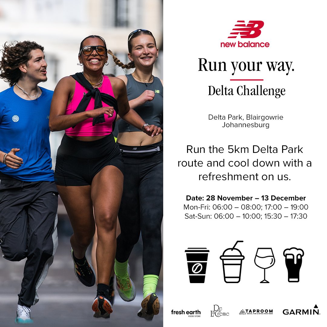 tumisole's tweet image. Join us on from Thursday, 28th November till 13 December 2024 at Delta Park in Randburg for the @newbalance #RunYourWay 5km #DeltaChallenge 

You stand a chance of winning awesome prizes such as: 

1. 30% New Balance Discount vouchers 

2. R20k New Balance Hamper &amp;amp; a @GarminSA…