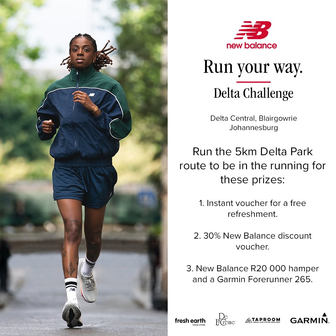 tumisole's tweet image. Join us on from Thursday, 28th November till 13 December 2024 at Delta Park in Randburg for the @newbalance #RunYourWay 5km #DeltaChallenge 

You stand a chance of winning awesome prizes such as: 

1. 30% New Balance Discount vouchers 

2. R20k New Balance Hamper &amp;amp; a @GarminSA…