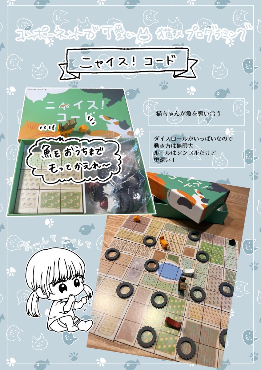Rico83624's tweet photo. ゲムマでgetしたレポ
ニャイスコード
猫のコンポーネントが可愛くてふらふら吸い寄せられました🐱大人も子供も楽しめるボードゲーム！
ひらがなのダイスの動き表を作ってあげたら娘はひとりでダイスを振って動き方を考えてひたすら遊んだりもしてました😉
#ニャイスコード https://t.co/joVf0PjFVD