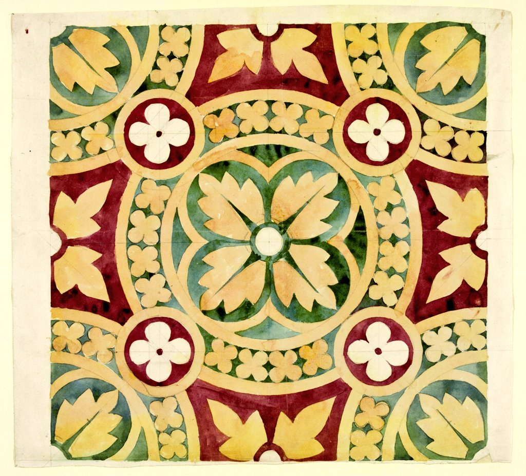 Pugin_awn's tweet image. #Drawing. #AWNPugin Ca. 1840s.

Part of a #decorativepattern, possibly for a #rug or a #ceiling design, using rounded geometric and foliated shapes in red, green, and gold.

#pugin #augustuspugin #gothicrevival #gothicrevivaldrawing #gothicrevivaldesign #pugindesign #pugindrawing