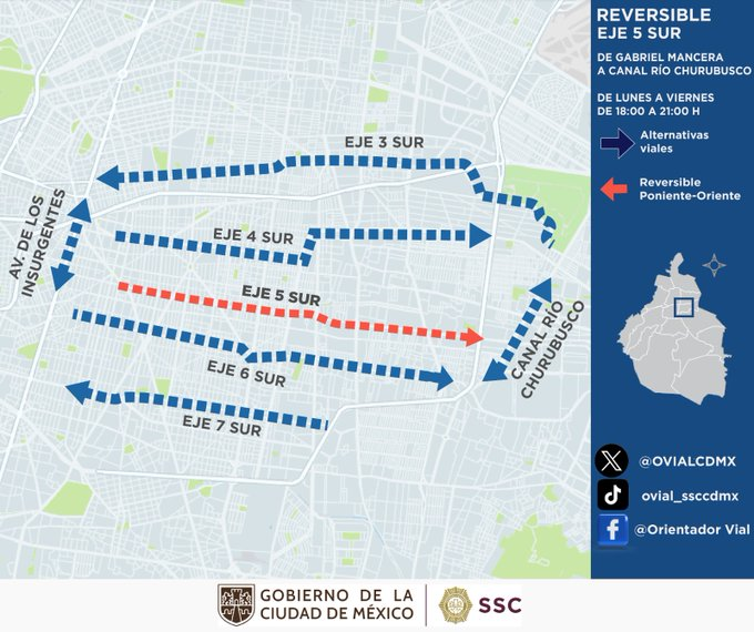#PrecauciónVial | Eje 5 Sur se habilita en modo reversible de Gabriel Mancera hasta Canal de Río Churubusco, de lunes a viernes de 18:00 a 21:00 horas, el carril confinado correrá de manera habitual (sentido Poniente) solo para el transporte público, con el objetivo de agilizar