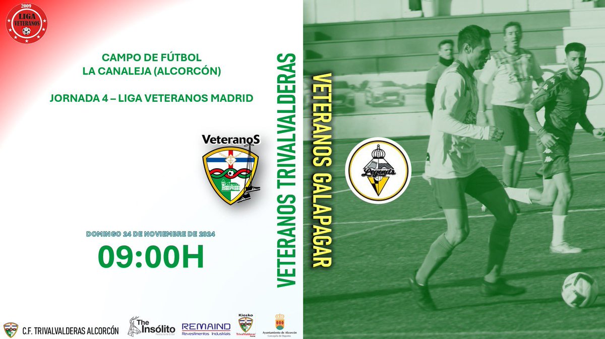 #LigaVeteranosMadrid

Mañana domingo volvemos a casa. Madrugón veterano 😜 y luego todos a animar a <a href="/trivalvalderas/">C.F TrivalValderas Alcorcón</a> 💪🏻💚❤️

📆 24/11/24
⏰ 09:00h
🆚 #Veteranos <a href="/CDGalapagar/">C.D. Galapagar</a> 
🏟️ La Canaleja, Alcorcón

#VamosTrival @TheInsolitoBar <a href="/kioskotrivalva1/">kioskotrivalvalderas</a> #Remaind <a href="/AlcorconDeporte/">Concejalía de Deportes de Alcorcón</a>