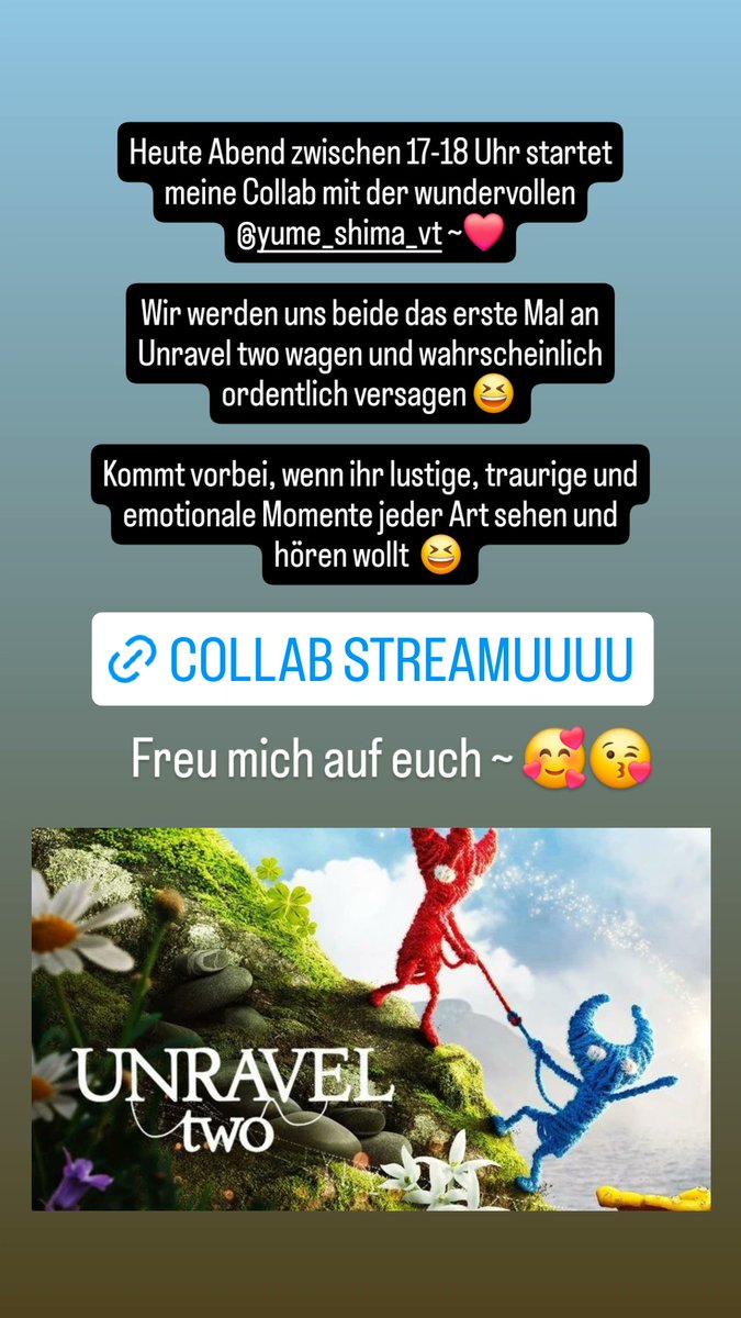 Heute Abend gibt es eine Collab auf die ich mich ganz besonders freue!

Es wird Unravel two mit der zauberhaften <a href="/Yume_Shima_VT/">Yume | GERVtuber | Rebrand 2026</a> geben~♡

Schaltet ein und habt eine wundervolle Zeit mit uns~
twitch.tv/rizu_

#vtuber #gervtuber #twitch #twitchstreamer