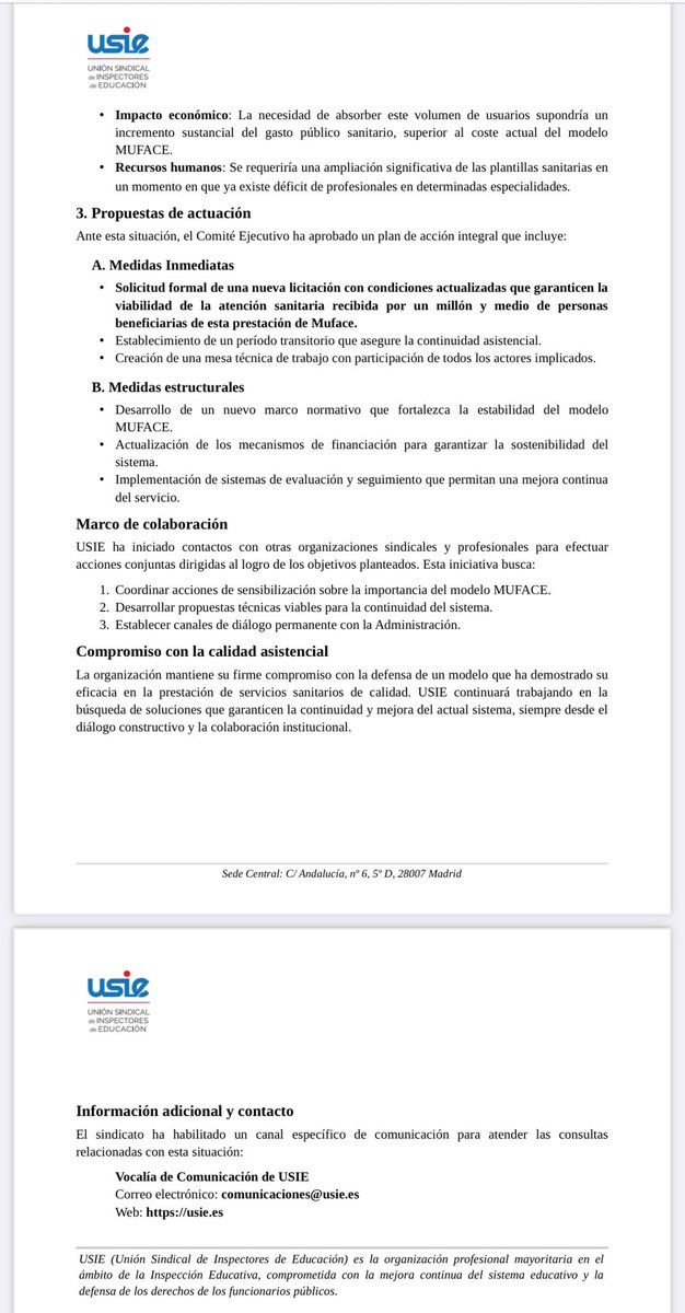 USIE alerta sobre las graves consecuencias de la situación actual de MUFACE y solicita medidas urgentes para garantizar su continuidad y la asistencia que prestan las entidades sanitarias a un millón y medio de asegurados
usie.es/wp-content/upl…