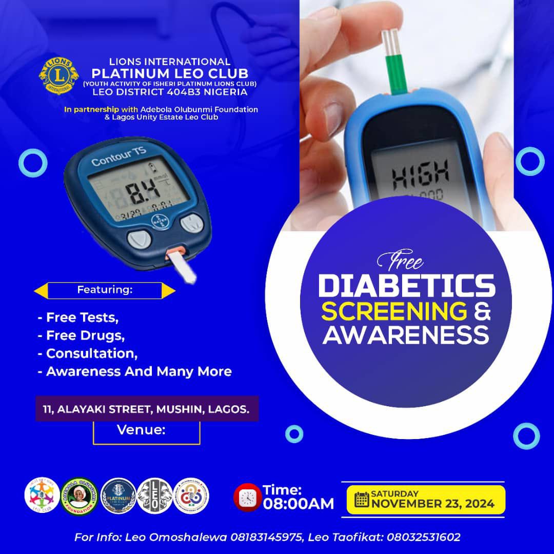 P_LeoClub's tweet photo. Platinum Leo Club in conjunction with Lagos Estate Unity Leo Club and Ademola Olubunmi Foundation on the 23rd of November took Free Diabetes screening and awareness to Mushin, Lagos. https://t.co/a6VeDP7lIO