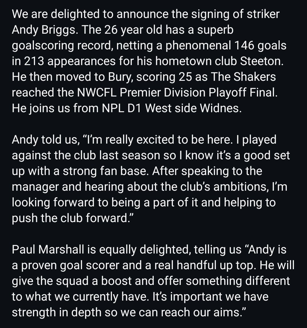 WD_CFC's tweet photo. ⚪️⚫️ Andy Briggs ⚫️⚪️

We are delighted to announce the signing of striker Andy Briggs. 

Andy is available for today’s match against Ramsbottom United.

Welcome to West, Andy! ⚪️⚫️ https://t.co/FSpN9Gia4S