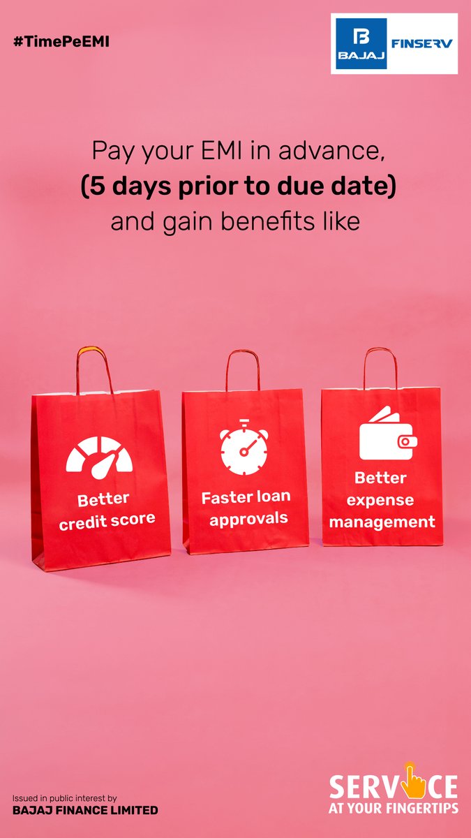 Bajaj_Finance's tweet photo. Why wait till the last minute? Pay your EMI in advance and unlock a world of benefits—better credit score, faster approvals, and stress-free finances! 💳✨ 

#ServiceAtYourFingertips #TimePeEMI #BajajFinance #BajajFinserv https://t.co/Gxlo1rTX89