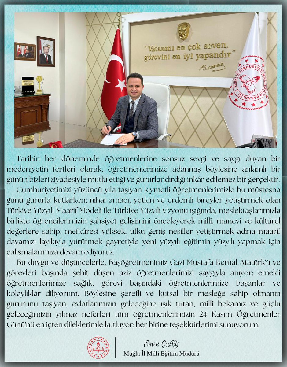 Evlatlarımızın geleceğine ışık tutan, millî bekamız ve güçlü geleceğimizin yılmaz neferleri tüm öğretmenlerimizin 24 Kasım Öğretmenler Günü'nü en içten dileklerimle kutluyor; her birine teşekkürlerimi sunuyorum.