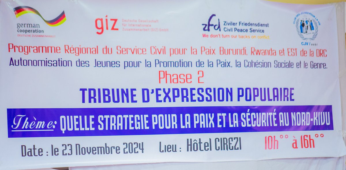 Cjv001's tweet photo. Organisation en cours d'une tribune d'expression populaire regroupant différentes couches de la société civile, sous le thème "quelle stratégie pour la paix et la sécurité au Nord-Kivu?"

Le go a été donné par le représentant du Maire de la ville de #Goma.

@giz_drcongo https://t.co/HwNFwHe9cA