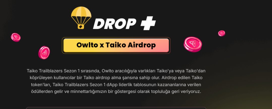 #AİRDROP

#Taiko x #owlto 

Köprü olarak <a href="/Owlto_Finance/">Owlto Finance(🦉💛🦉)</a> kullandıysanız uygun olabilirsiniz.

Cüzdan bağlayarak ne kadar token aldığınızı kontrol edebilirsiniz.

Link :owlto.finance/drop/taiko

İçeriklerimize RT LİKE atarak destek olabilirsiniz.