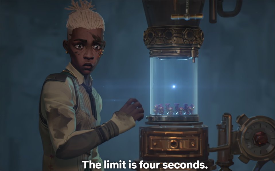 Kenchixi's tweet photo. That's cool, if it's more than 4 seconds it explodes everyone nearby, so his ult is he just going beyond that threshhold. waow #Arcane #ArcaneSpoilers https://t.co/LhnH1761ox