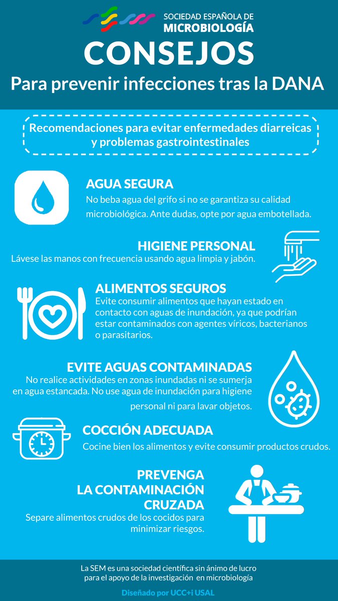 SEM (@semicrobiologia) on Twitter photo La SEM ha creado una serie de infografías que recogen diversos consejos para prevenir infecciones tras la DANA que ha afectado a Valencia.
Agradecemos al grupo de Docencia y Difusión y sobre todo a <a href="/RaulRivasG/">Raúl Rivas</a> de la <a href="/usal/">Universidad de Salamanca</a> por su colaboración en su elaboración La SEM ha creado una serie de infografías que recogen diversos consejos para prevenir infecciones tras la DANA que ha afectado a Valencia.
Agradecemos al grupo de Docencia y Difusión y sobre todo a <a href="/RaulRivasG/">Raúl Rivas</a> de la <a href="/usal/">Universidad de Salamanca</a> por su colaboración en su elaboración
