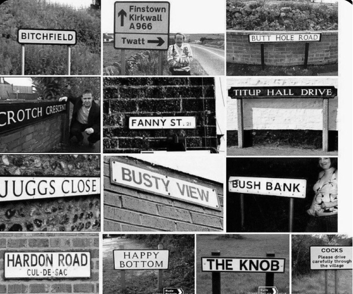 Many have followed my notes on the origin of some strange London road and place names on this account, so there’s a few others here from people around the country - all the ones in the pic are genuine… #eastend #origins #roadsigns #humour