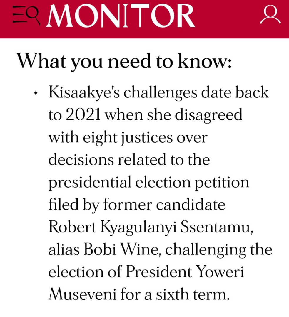 HEBobiwine's tweet photo. Very disturbed by the news that Lady Justice Esther Kisakye was finally forced to flee to exile following years of persecution by the Museveni regime! Her crime? Issuing a dissenting judgment in the Presidential election petition, which we filed against dictator Museveni's grand election theft in 2021. 

We all remember how Mr. Owiny-Dollo confiscated her file and denied her the opportunity to read her ruling! They switched off the lights and air-conditioning, forcing her to deliver her judgment alone in the dark, hot tent outside. They withdrew her entitlements, and started persecuting her left, right and center. To get some peace, she applied for early retirement which Gen. Museveni rejected so that she doesn't get any retirement benefits! She made numerous applications seeking justice from the courts, but they feared or simply refused to give her a hearing date! You can imagine all this happening to a judge of the highest court in our country! It is not surprising we're now told she has been facing threats to her life. 

The persecution of Justice Kisakye underscores the lengths to which the regime will go to silence and punish those who dare to check its impunity. Her ordeal is a stark reminder of the urgent need to reclaim our country, restore judicial independence, and right the wrongs that have been perpetrated against officers like her by those who should have rewarded her integrity!