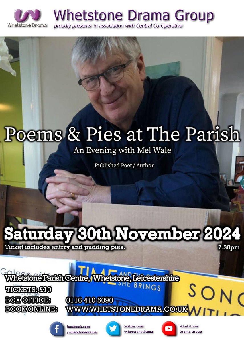 🥧 Poems &amp; Pies at The Parish 🥧
An evening with Mel Wale. A published poet / author.

🎟️ Tickets are now on sale 🎟️

Visit whetstonedrama.co.uk to purchase your tickets today!