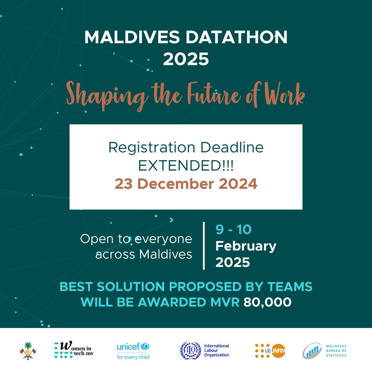 Maldives Datathon 2025: Shaping the Future of Work, registration deadline is EXTENDED! 
Submit your applications
forms.gle/cPd8iPz57kwt37…

New Registration Deadline: December 23, 2024
Read more on: statisticsmaldives.gov.mv/maldives-datat…

<a href="/womenintechmv/">Women in Tech Maldives</a> 
<a href="/UNICEFMaldives/">UNICEF Maldives</a> 
<a href="/UNFPAMaldives/">UNFPA in Maldives</a> 
<a href="/ilo/">International Labour Organization</a>