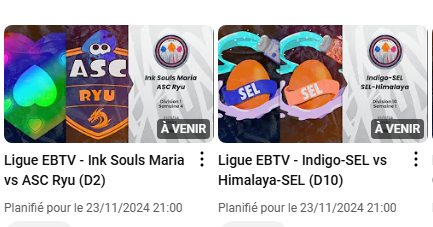 <a href="/ink_souls/">Ink Souls</a> <a href="/Club_ASC_Esport/">Club ASC Esport</a> <a href="/ToghEm7813/">ToghEm</a> <a href="/mist_ink/">Mist'ink Théory</a> <a href="/CephaloSyn17/">Cephalo Synergie</a> <a href="/DashEmeth/">Dash Emeth</a> <a href="/SplatKaota/">Kaota</a> <a href="/dmtr_splatoon/">Dimitri</a> Nous avons ajouté un 4ème match.

21h : SEL-Indigo vs SEL-Himalaya (D10)