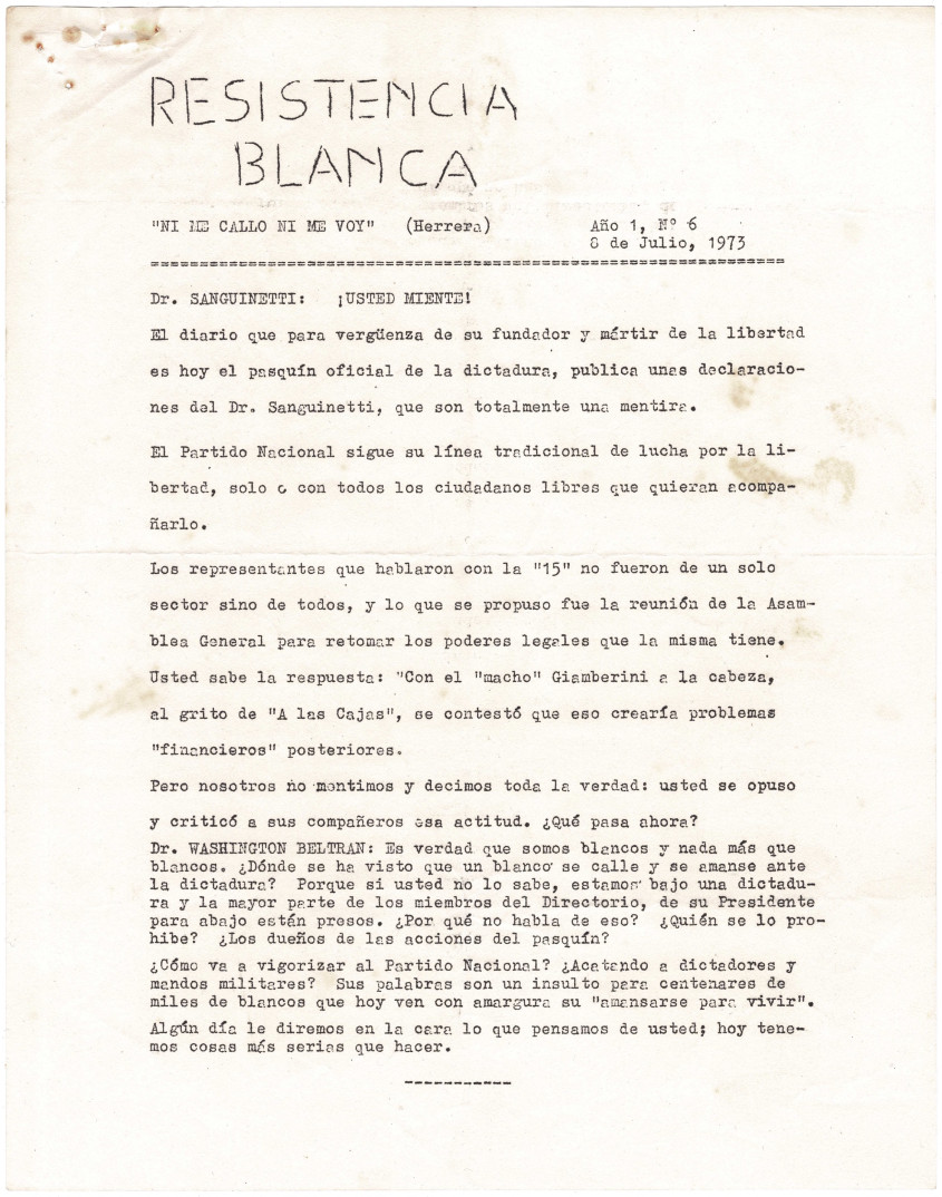 En "Colecciones" digitalizamos y recopilamos materiales  de las luchas contra el autoritarismo y la resistencia a la dictadura. Libre acceso:
Año 1973 Declaración conjunta del <a href="/Frente_Amplio/">Frente Amplio</a> y <a href="/PNACIONAL/">Partido Nacional</a> Ver en👉sitiosdememoria.uy/material/3459
 Resistencia Blanca👉sitiosdememoria.uy/prensa/3529