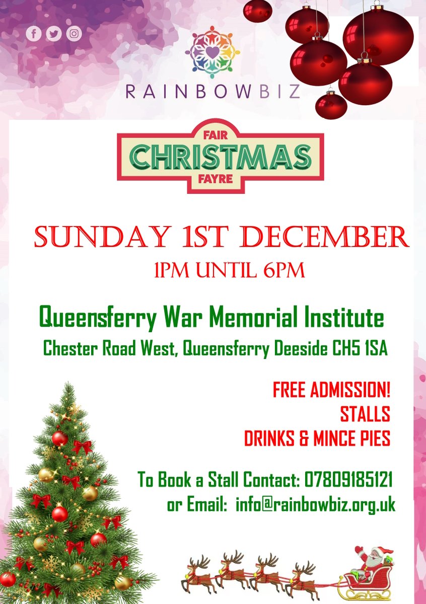 RainbowBiz CIC Christmas Fair at Queensferry War Memorial Institute - Sunday 1st December 
Starts 1pm. Couple of stall spaces left. If interested call 07809185121 or email: info@rainbowbiz.org.uk.