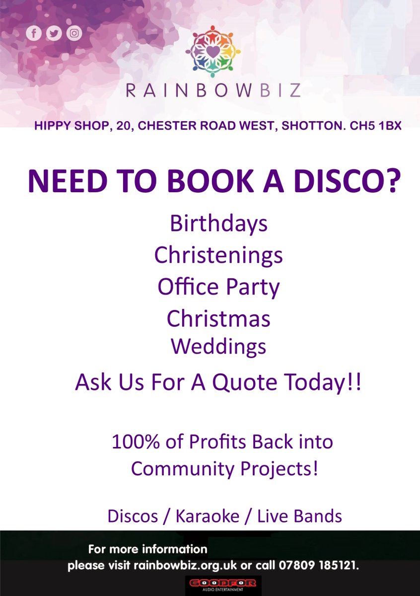 Do you need a DJ for a special occassion. RainbowBiz CIC is now available for partys'1 Get in touch for a quote. 
We do special prices for those living on benefits. 

100% of the profits go back in to our community projects!