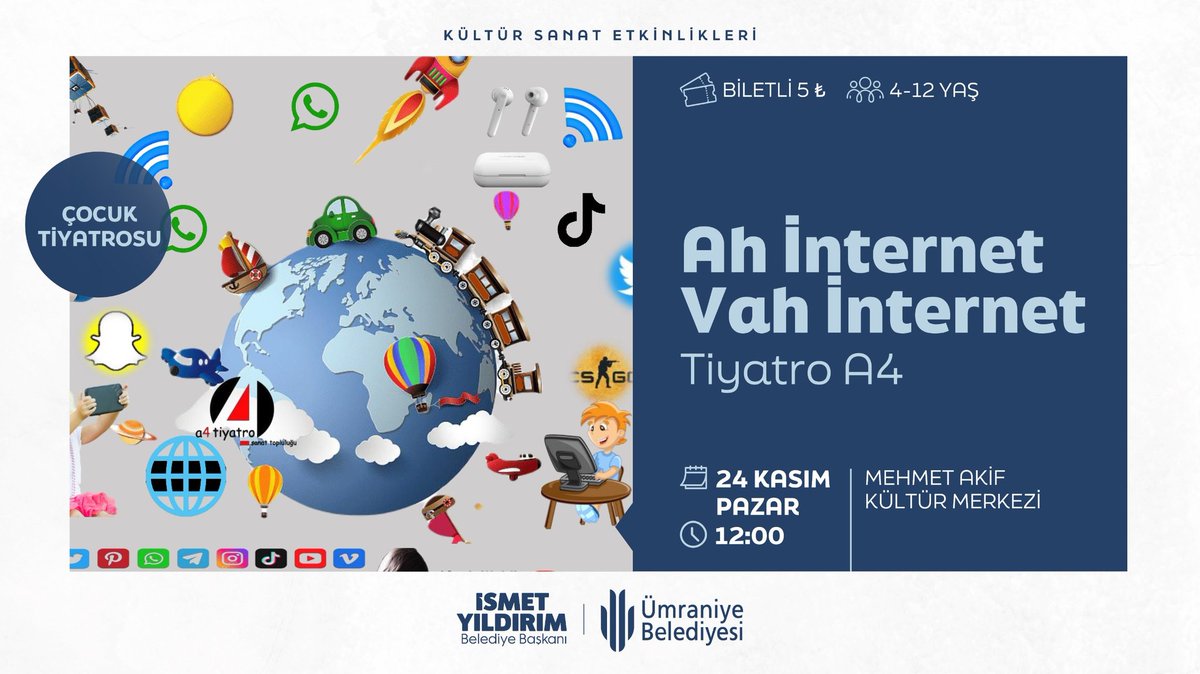 Sevgili Çocuklar,

“Ah İnternet Vah İnternet” adlı çocuk tiyatrosuna hepinizi bekliyoruz. 🎭

Birbirinden eğlenceli tiyatrolarla hafta sonu kültür merkezlerimizde buluşalım.

🗓️ 24 Kasım Pazar
⏰ 12.00
📍 Mehmet Akif Kültür Merkezi