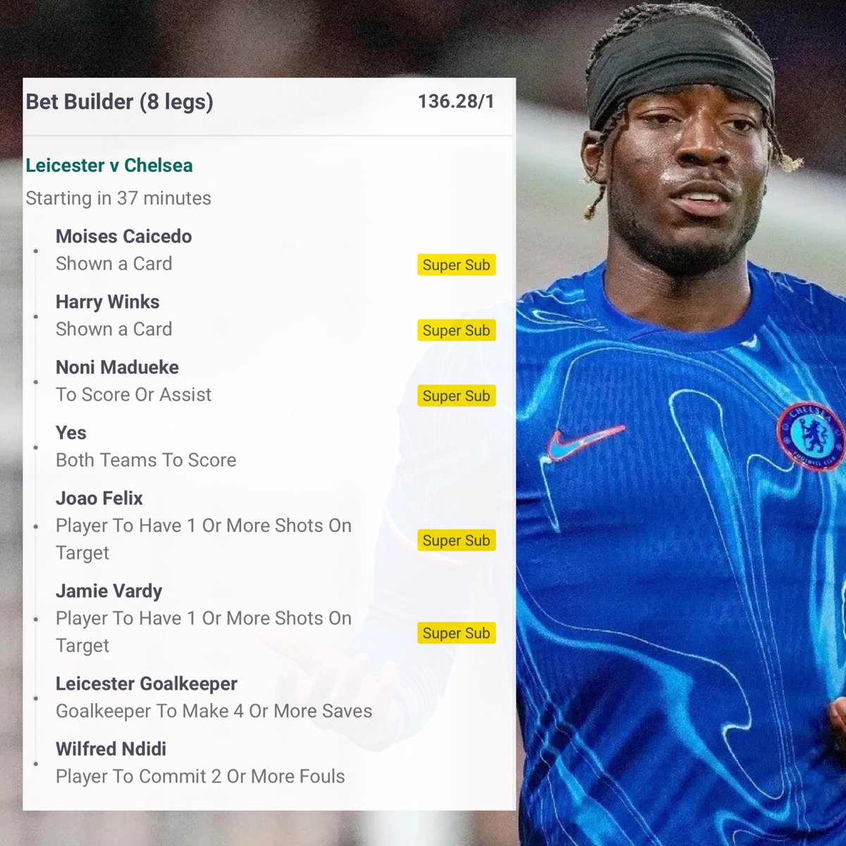 LEICESTER V CHELSEA BET BUILDER LONGSHOT 👷‍♂️💥

ODDS 🤑- 136.28/1

Can we reel in the big fish again today 🎣