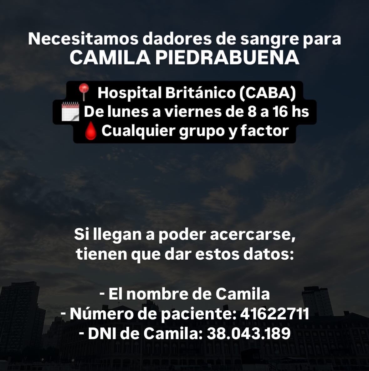 Hola amigos 👋 Sé que nos topamos mucho con mensajes como estos por acá. Vengo porque hay una chica de Tejedor de mi edad que está cursando una enfermedad y necesita donaciones rápido para hacerse transfusiones de sangre 🩸 

Si podés donar, ayudas un montón! Dejo los datos ⚠️👇