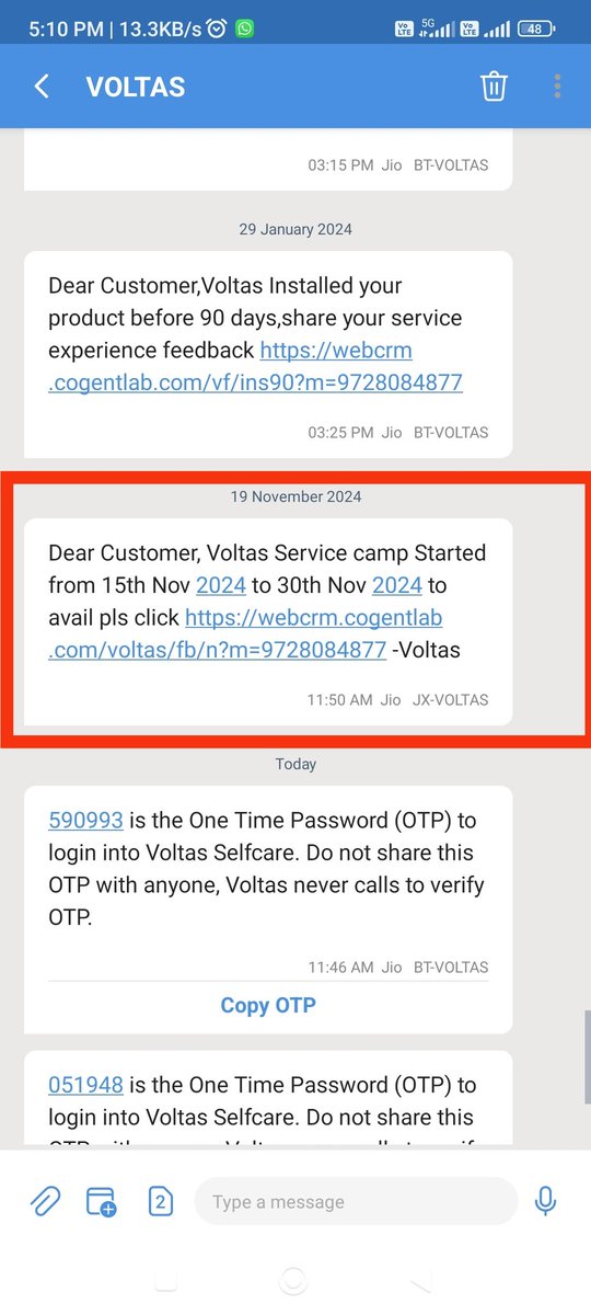 ranasworld's tweet photo. @myvoltas @VoltasBeko Voltas doing fraud on the name of Voltas service AC camp from 15 Nov. to 30 Nov. 24 &amp; promising 70% discount on SERVICE but after technician visit they are saying offer is valid only for purchases done after 2022. See screenshot https://t.co/eTxPY2elvP