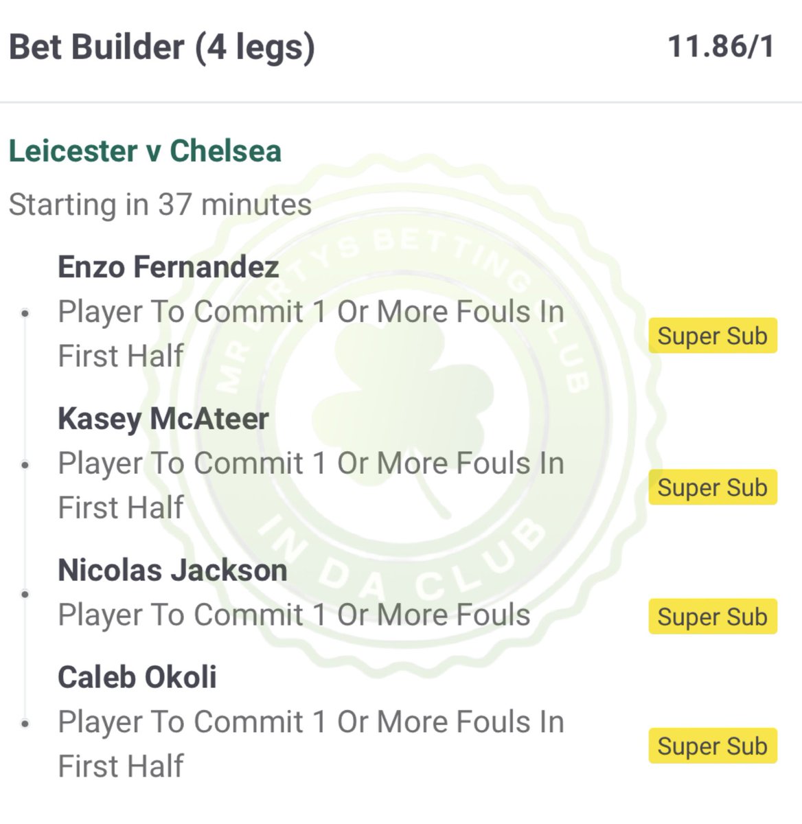 LEICESTER V CHELSEA FIRST HALF FOULS ⚠️

ODDS 🤑- 11.86/1