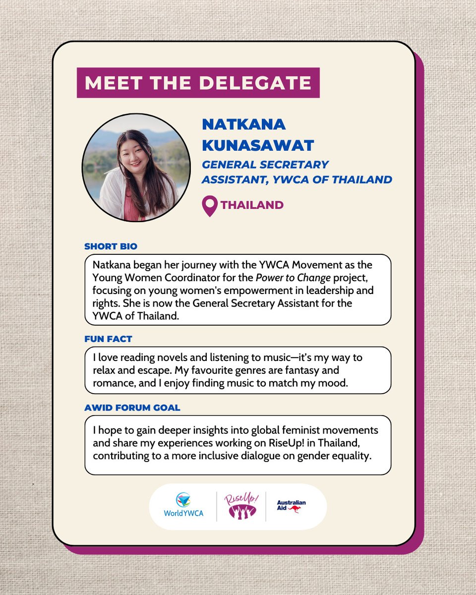 worldywca's tweet photo. ✨ Meet Natkana Kunasawat, from Thailand, representing World YWCA #RiseUp! at #AWIDForum2024!🌍
Supported by @dfat, she joins young leaders from Thailand, Myanmar & India to amplify youth voices for gender equality & #FeministLeadership! #YWCARiseUp #YWCALeaders https://t.co/bqz96DEBsm