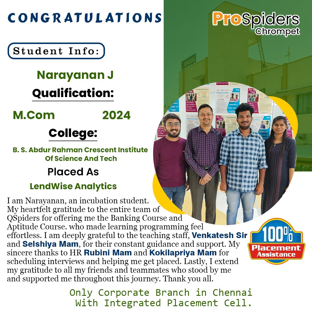 qspiderschromp1's tweet photo. Exciting News! 🎉

🎉Congratulations NARAYANAN J👏

We are thrilled to announce that one of our dedicated students has successfully secured a job after completing the Prospiders Banking course! 🚀
💼✨

#Prospiders #BankingCourse #CareerSuccess https://t.co/WPYbNEOJtk