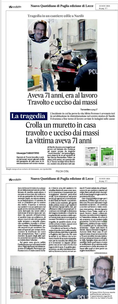 filcacislpuglia's tweet photo. Tragedia di #Nardò, sul Nuovo Quotidiano di Puglia le dichiarazioni di #Cisl e Filca #Lecce: "Morire in un cantiere a 71 anni è la sconfitta della cultura della #sicurezza. All'incontro del 26 novembre in Prefettura chiederemo nuovamente azioni concrete per fermare questa strage" https://t.co/xf8OlHxl4o