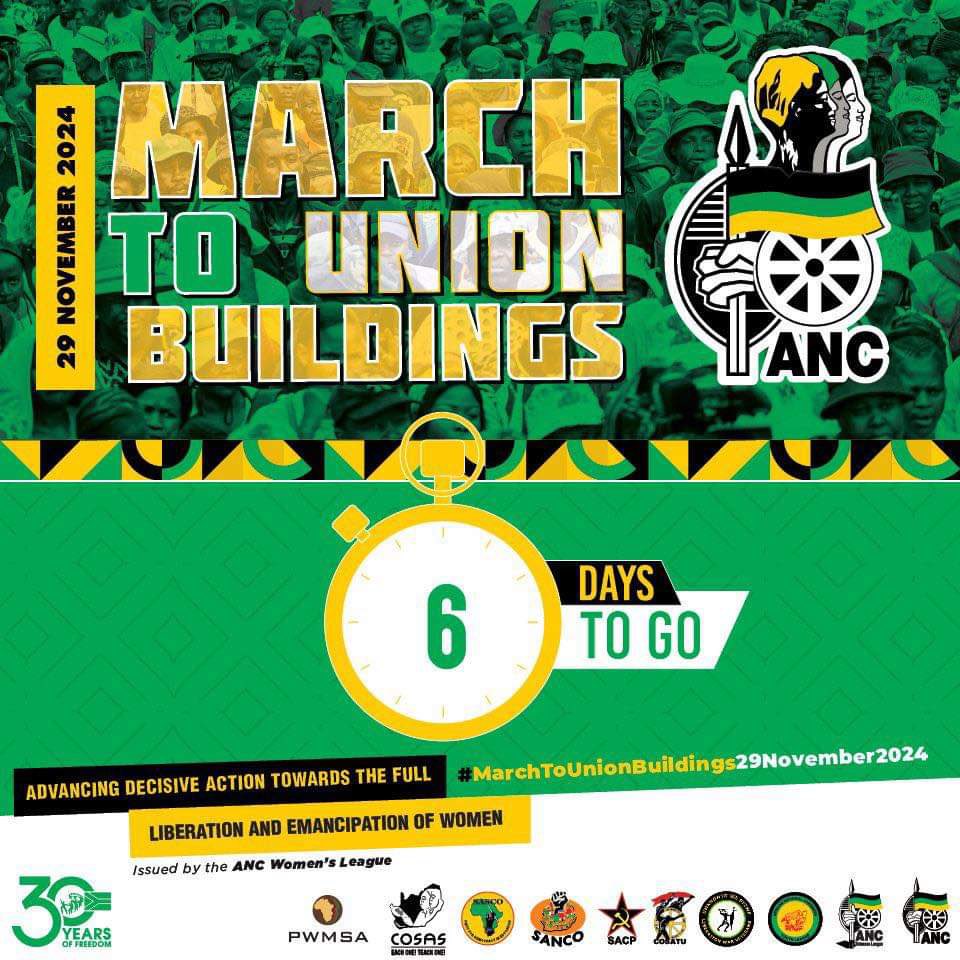 MYANC's tweet photo. 06 days to go until the African National Congress’ Women’s League marches to Union Buildings, united against gender based violence and femicide in South Africa.
Date: 29 November 2024.
#MarchToUnionBuildings
#LetsDoMoreTogether https://t.co/IBLA10T1AQ