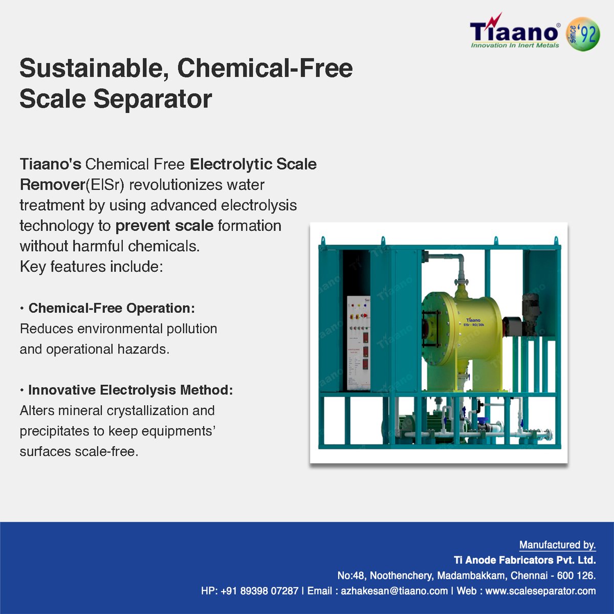 scale_seperator's tweet image. 🌍 Revolutionizing  Water Treatment with Tiaano’s Chemical-Free Scale Remover.
Upgrade to sustainable and efficient water treatment 
📩 azhakesan@tiaano.com | 📞 +91 89398 07287

#IndustrialWaterTreatment #ScalePrevention #SustainableIndustry #TiaanoTechnology #EcoSolutions