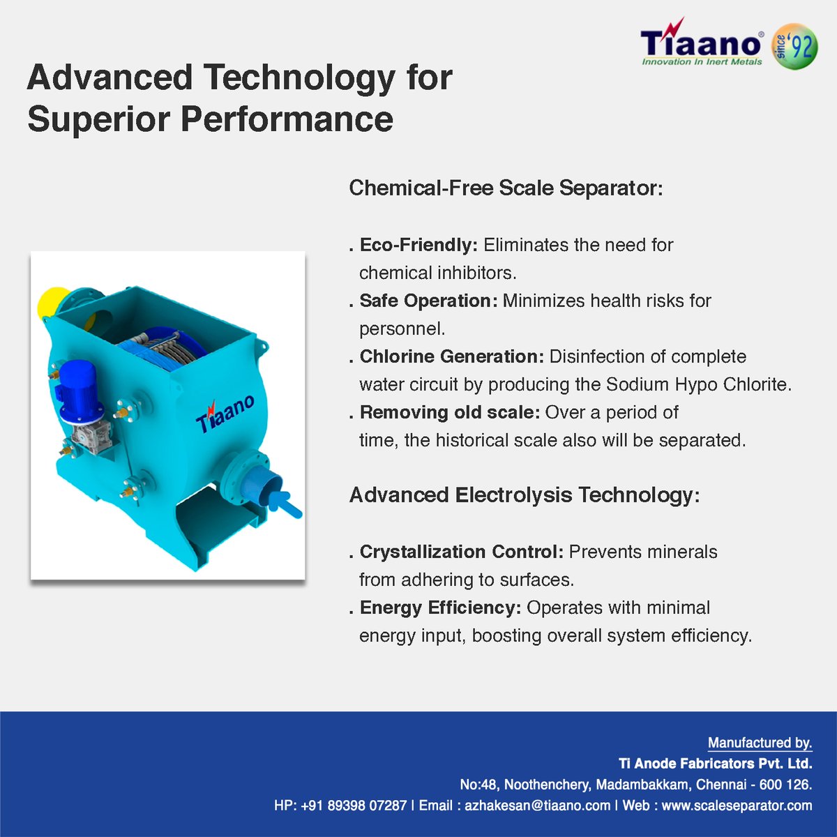 scale_seperator's tweet image. 🌍 Revolutionizing  Water Treatment with Tiaano’s Chemical-Free Scale Remover.
Upgrade to sustainable and efficient water treatment 
📩 azhakesan@tiaano.com | 📞 +91 89398 07287

#IndustrialWaterTreatment #ScalePrevention #SustainableIndustry #TiaanoTechnology #EcoSolutions