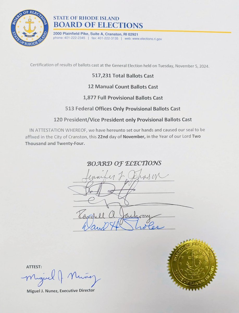 The official document certifying Rhode Island's 2024 General Election results.