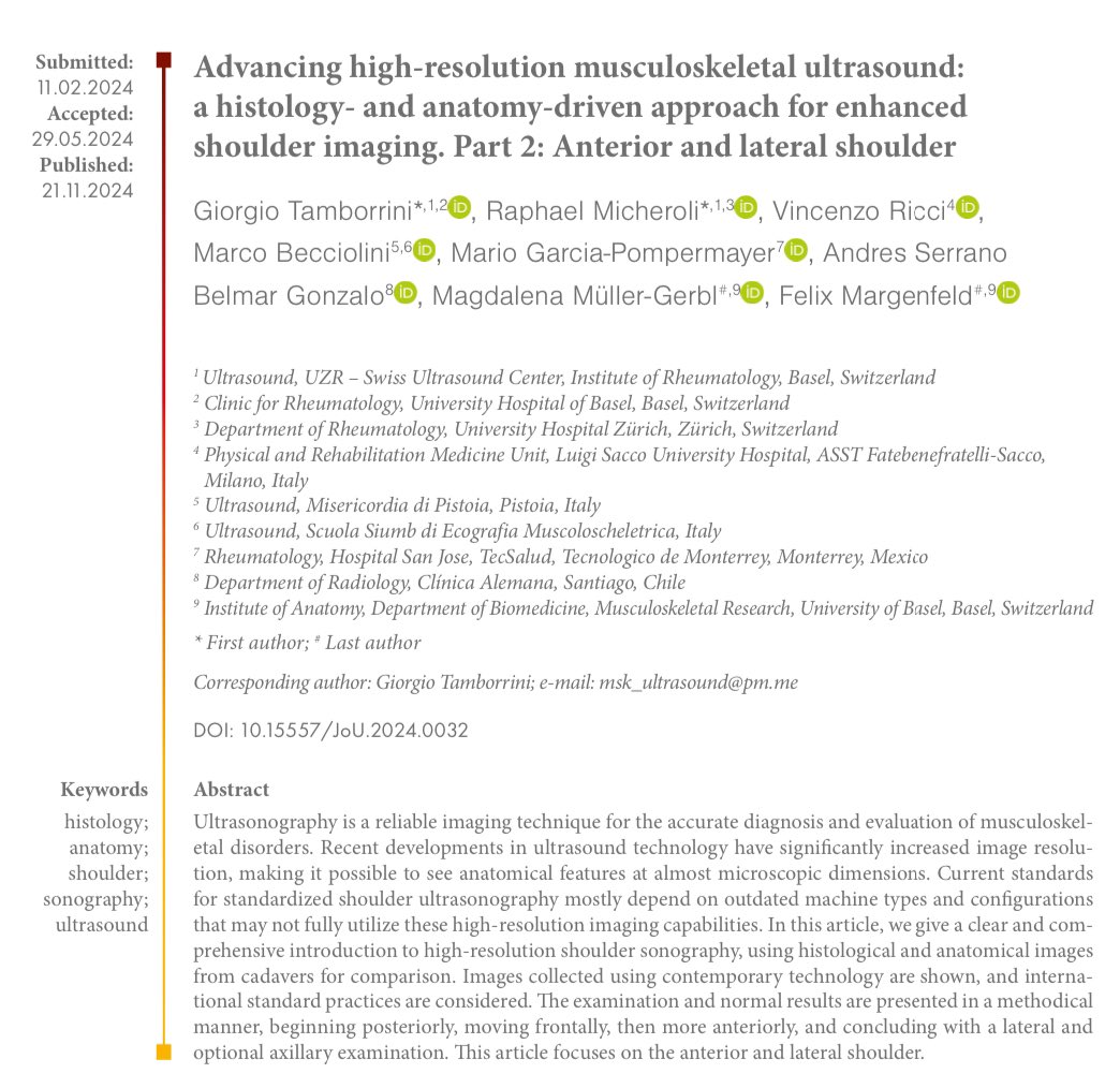 We’ve just published Part 2 of our 2-part series on High-Resolution Musculoskeletal Ultrasound for Shoulder Imaging. This new paper lead by Tamborrini G (<a href="/Rheumatology/">Sᴡɪss Uʟᴛʀᴀsᴏᴜɴᴅ Cᴇɴᴛᴇʀ - UZR</a> ) focuses on the “Anterior and Lateral Shoulder”, building on Part 1, which covered the “posterior and coronal