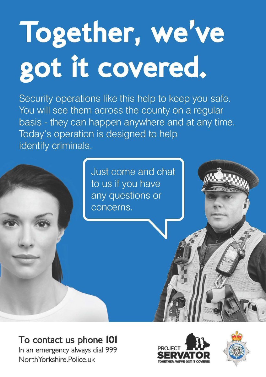 Specially trained #ProjectServator officers will continue to deploy in York.
We pop up any time, and anywhere. 
When you spot us, come, and say hello to find out more. 
Stay vigilant, report anything suspicious. 
More info on the web. 
#ProjectServator
#TogetherWeveGotItCovered